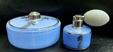 Vintage DeVilbiss Blue Silver Perfume Bottle Atomizer Powder Jar Set picture