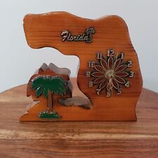 Vintage Handmade MCM Lacquered Wood Florida State Shaped Clock Palm Tree Works picture