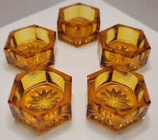 5 Vintage Cut Glass Hexagonal Open Salt Cellar Dishes Amber MCM  picture