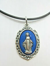 Large OLO The Miraculous Medal Blue Enamel Italy Pendant Necklace 17 