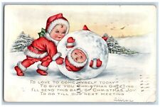 Christmas Postcard Little Kid Santa Claus Snowball Winter Scene Embossed 1915 picture