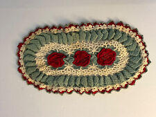 Vintage Hand Crocheted floral red green oval doily 13 x 7 picture