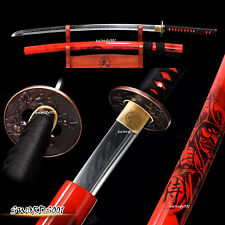 Gorgeous Red Katana Clay Tempered T10 Carbon Steel Japanese Samurai Sword Sharp picture