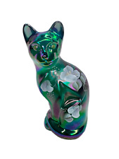 Fenton Stylized Iridescent Hand Painted Floral Kitten Figurine Signed & Sticker picture