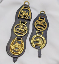 Brass Horse Pony Medallion Vintage Lion Horseshoe Heraldic Pegasus Leather Strap picture