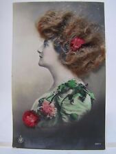 Antique Woman Postcard 'Real Hair Flowers' Hand Tinited Colored picture
