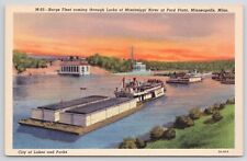 Minneapolis Minnesota Mississippi River Barge Near Ford Plant Linen Postcard picture