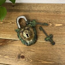 Vintage Old World Decor Padlock Lion Head Face Lock Patina with Working Key picture