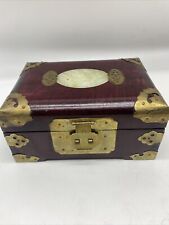 Vintage Chinese Wood & Brass Jewelry Box Jade Inlay Padded Silk Lined 6.25