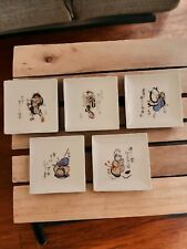 Square Hors d'oeuvres Pair Plates Japanese Design and Signature Hand Paint X 5 picture