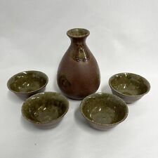 Vintage ‘Bizen Ware’ Style Japanese Sake Set Brown Green picture