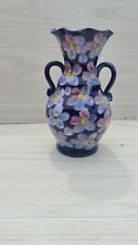 Vintage Cobalt Blue Pottery Vase Hand Painted Floral Signed Ruffled Rim Handles picture