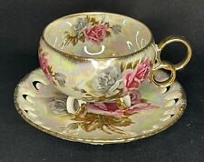 Vintage ROYAL SEALY China Reticulated Lustreware Roses Tea Cup and Saucer Set picture