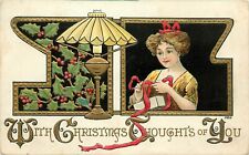 Embossed Christmas Postcard Thoughts of You, Girl Wraps Gift, Signed H.B.G. 2264 picture