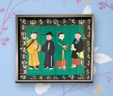Folk Art Figures Mixed Media Framed Vintage Oriental Decor picture