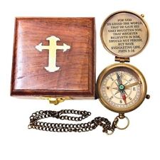 Engraved Brass Compass with Wooden Box Bible Verse Cross with John 3:16 Bible  picture