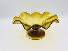 Vintage Amber MCM Glass Ruffled Edge Footed Console Fruit Bowl 10-1/4