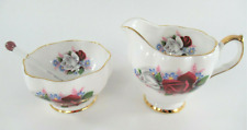 Vintage Queen Anne England Porcelain Mini Creamer Sugar & Spoon Set Floral Roses picture