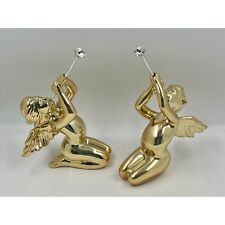 Vtg Pair of Kneeling RETIRED Gold Cherub Angel Figurines w/Trumpet Horn Dept 56 picture