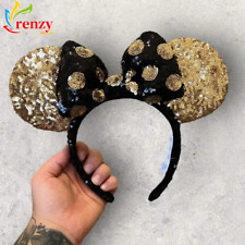 Disney Parks Headband Black & Gold Sequined Polka Dots Minnie Mouse Ears picture