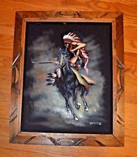 VTG Oil on Velvet Native American Indian Chief Warrior Horse Signed MONSE 16x20 picture