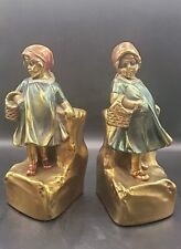 Antique Bronze Clad Bookends Featuring Farmerette Girl With Flower Basket  picture
