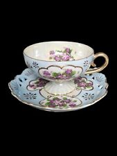 Vintage Handpainted Lefton Footed Teacup & Saucer~Violets Lusterware~Gold Trim picture