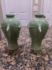 Pair Chinese Celadon Vase Green Porcelain Twin Koi Fish Song Ming Pottery Asian picture