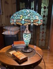 24”Tiffany Style Stained Glass Blue Green Table Lamp Double Lit picture