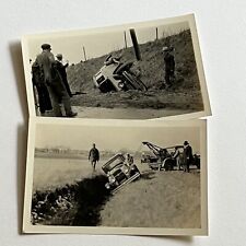 Vintage B&W Snapshot Photograph Studebaker Car Overturned Wrecked Tow Truck Set picture