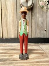 Vintage Baule Colonist MCM Shabby African Man Posture Vest Hat Wooden Figurine picture
