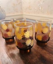 Vintage Mid-Century Libbey Amber Drinking Glasses Groovy Daisy Flowers (4) picture