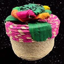 Mexico Folk Ethnic Palm Husk Woven Lidded Basket Hand Made Vintage 4”T 4.25”W picture
