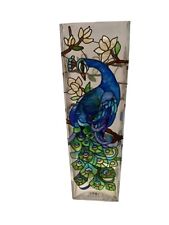 Vintage Joan Baker Hand Painted Peacock Glass Vase Tiffany Style Multicolor 10” picture