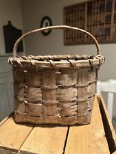 ANTIQUE HANDMADE WOVEN  BASKET WITH HANDLE- HOLE IN BOTTOM picture
