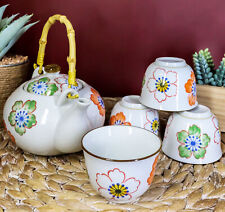 Japanese Design Colorful Botanic Floral Porcelain White Tea Pot And Cups Set picture