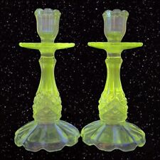 Antique Clear Glass Candle Stick Holder Set 2 Tapper Glass Manganese 365nm GREEN picture