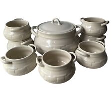 Longaberger Traditions Woven Open Handle Cream Soup Tureen w/ Lid And 7 Bowl Set picture