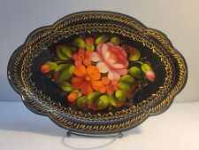 Russian Zhostovo Folk Art Floral Signed Hand Painted Metal Tray picture