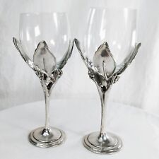 2 Handcrafted Pewter Fruit Vine Stem Leaves with Wine Glass Bowl Inserts 8 Oz picture