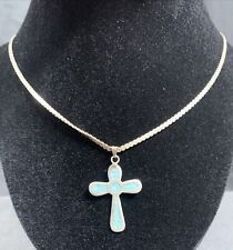 ✨VINTAGE SOUTHWEST STERLING SILVER & CRUSHED TURQUOISE RELIGIOUS CROSS NECKLACE✨ picture