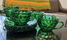 8- VTG Forest Green Bubble Glass Cups Saucers Creamer EUC Anchor Hocking picture