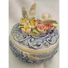 Vintage Porcelain Blue Luster Trinket Box Kissing Love Birds Flowers 4