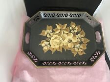 Vintage Hand Painted Black Floral Tole Tray  With Roses /unusual cutout Hearts  picture