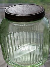 Vintage 1930's Hoosier Ribbed Green Uranium Depression Glass Cookie Jar w/Lid picture