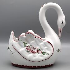 Portugal Pottery Swan Planter Candy Dish Trinket Hand Painted Pink Flower Floral picture