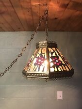 VTG OCTAGON METAL MOSAIC STAINED GLASS SWAG LIGHT FIXTURE JUST PLUG IN WORKS  picture