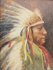 🔥 Antique Old West Native American Indian Chief Portrait Oil Painting, 1940s picture