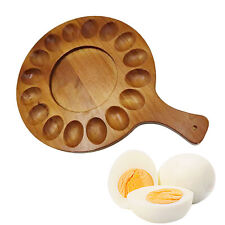 Deviled Egg Tray Wood Round Platter with Handle 16 Holes Serving Tray Container picture