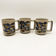 Vintage Otagiri Stoneware Mugs-Set of 3 Blue Flowers Floral 1970s Cups Drinkware picture